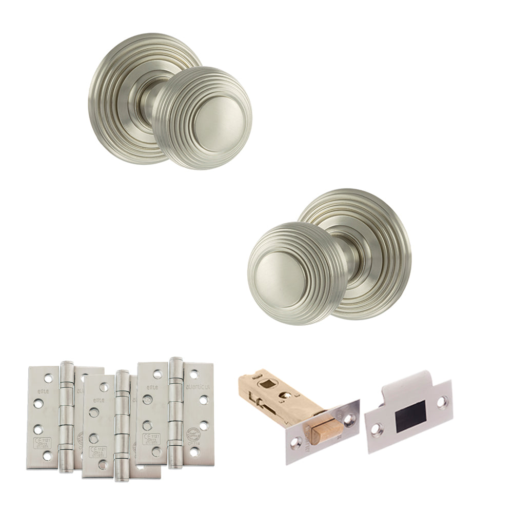 Quality image of Old English Ripon Door Knob Pack (Latch Set - 3" HD Latch, 4" Fire Rated Hinges x3) - Satin Nickel | Sku. adpoe50rmksn56 | available from Trade Door Handles.