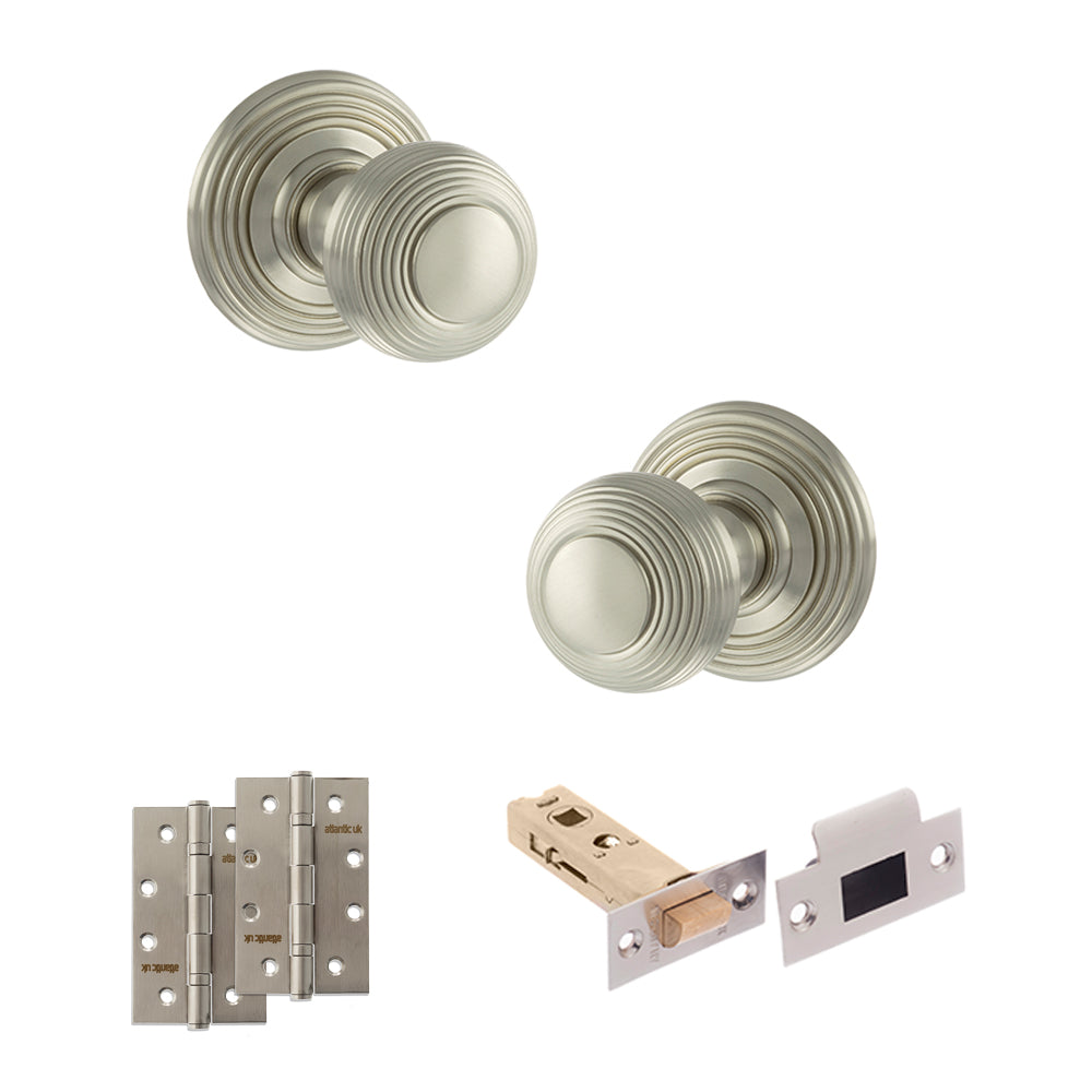 Quality image of Old English Ripon Door Knob Pack (Latch Set - 3" HD Latch, 4" Slim Knuckle Hinges x2) - Satin Nickel | Sku. adpoe50rmksn58 | available from Trade Door Handles.