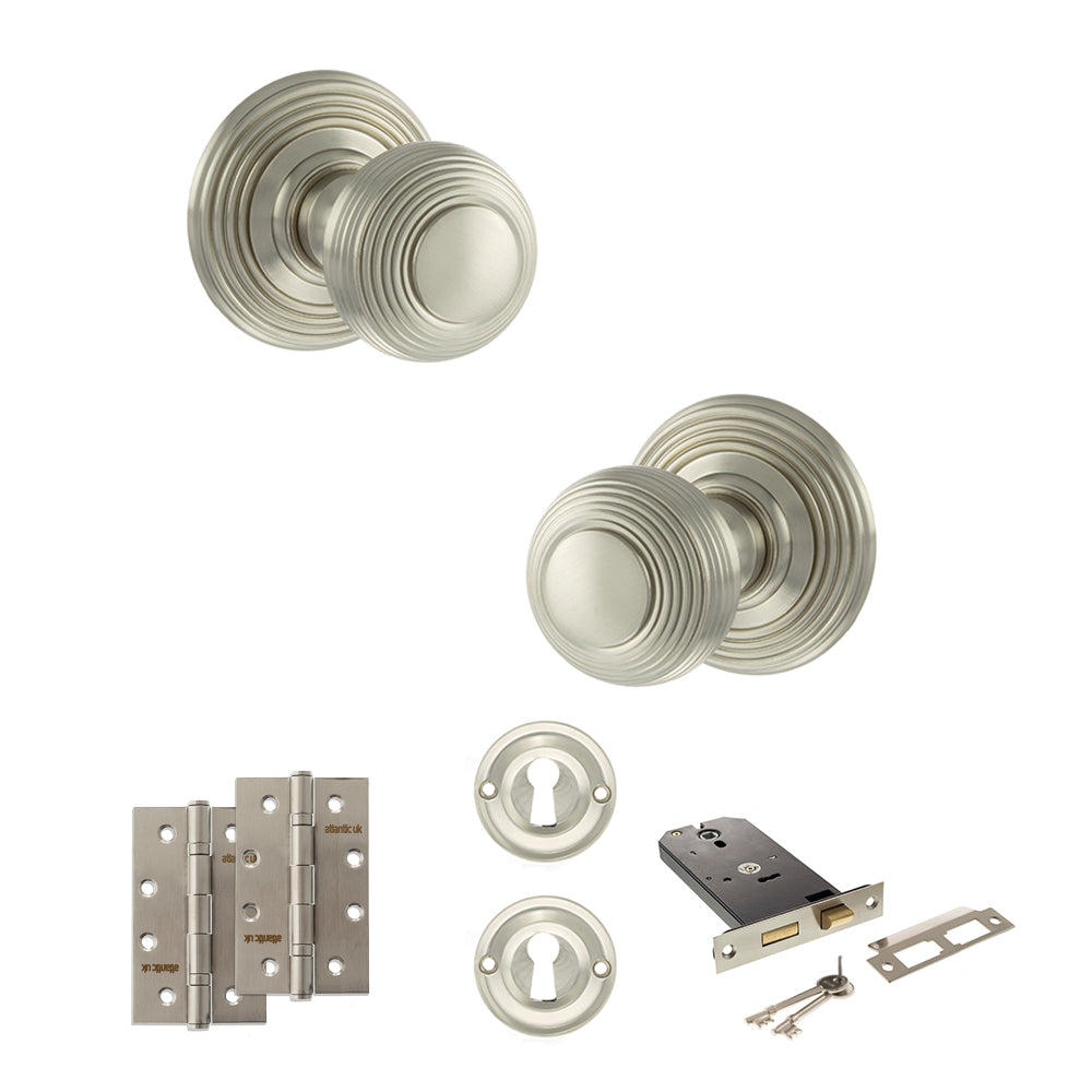 Quality image of Old English Ripon Door Knob Pack (Lock Set - Horizontal Sashlock, 4" Slim Knuckle Hinges x2) - Satin Nickel | Sku. adpoe50rmksn73 | available from Trade Door Handles.