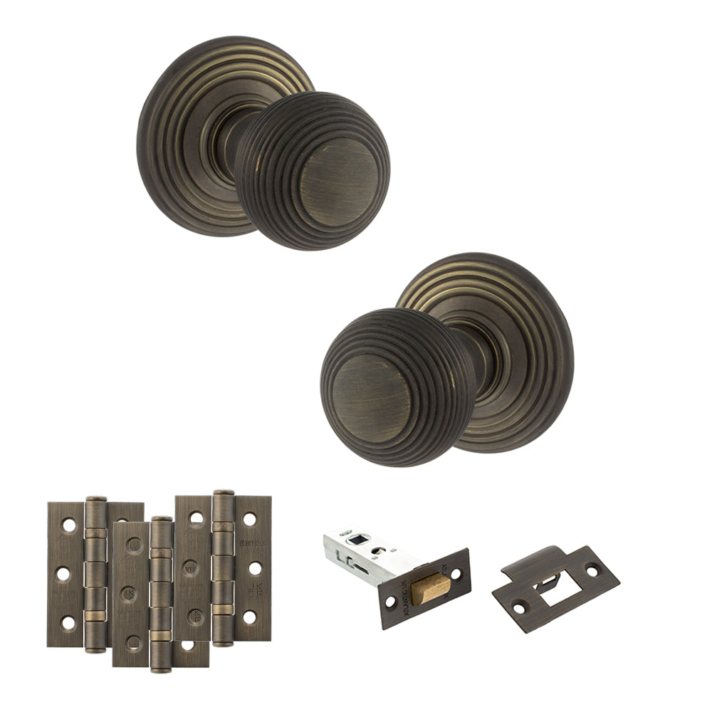 Quality image of Old English Ripon Door Knob Pack (Latch Set - 4" HD Latch, 3" Fire Rated Hinges x3) - Urban Bronze | Sku. adpoe50rmkub55 | available from Trade Door Handles.