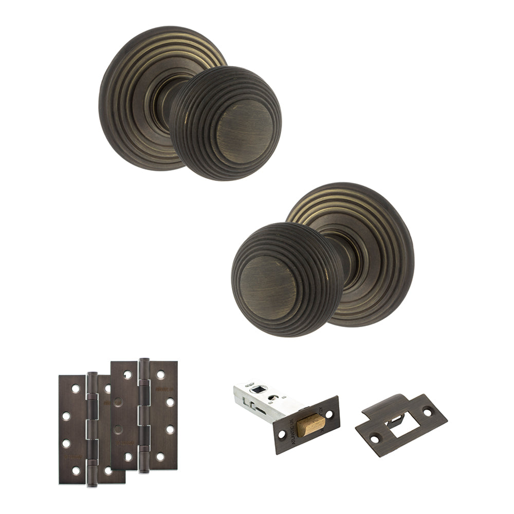 Quality image of Old English Ripon Door Knob Pack (Latch Set - 3" HD Latch, 4" Slim Knuckle Hinges x2) - Urban Bronze | Sku. adpoe50rmkub58 | available from Trade Door Handles.
