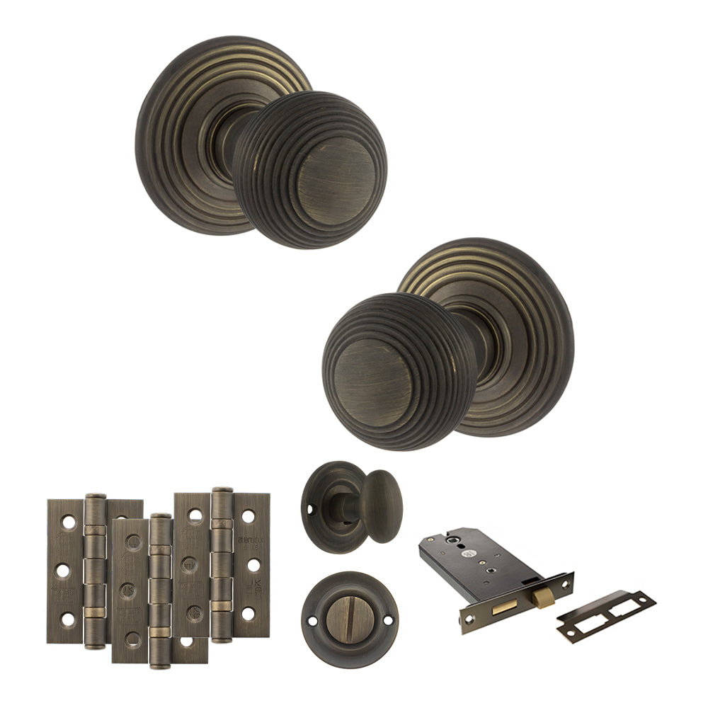 Quality image of Old English Ripon Door Knob Pack (Lock Set - Horizontal Bathlock, 3" Fire Rated Hinges x3) - Urban Bronze | Sku. adpoe50rmkub70 | available from Trade Door Handles.