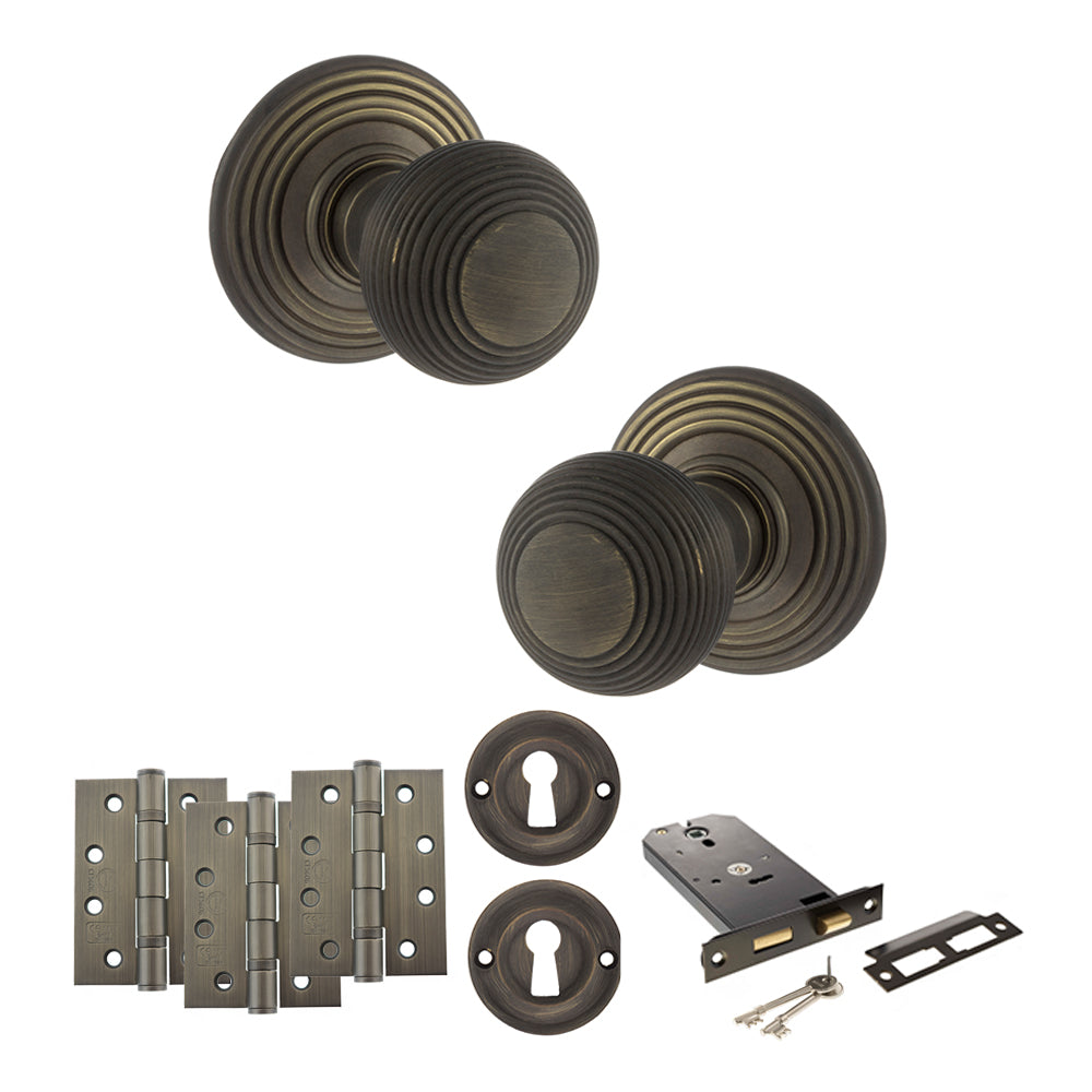 Quality image of Old English Ripon Door Knob Pack (Lock Set - Horizontal Sashlock, 4" Fire Rated Hinges x3) - Urban Bronze | Sku. adpoe50rmkub71 | available from Trade Door Handles.
