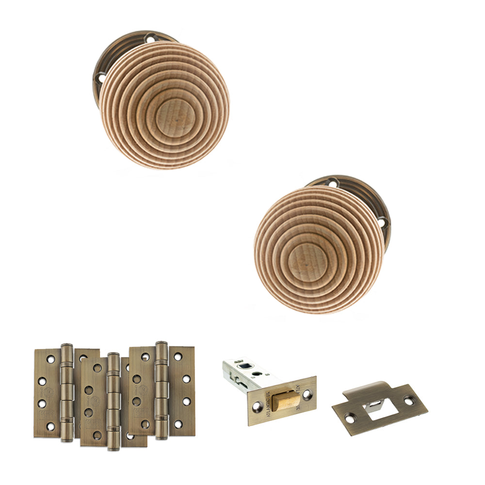 Quality image of Old English Bridlington Door Knob Pack (Latch Set - 3" HD Latch, 4" Fire Rated Hinges x3) - Antique Brass | Sku. adpoe57rmkab56 | available from Trade Door Handles.