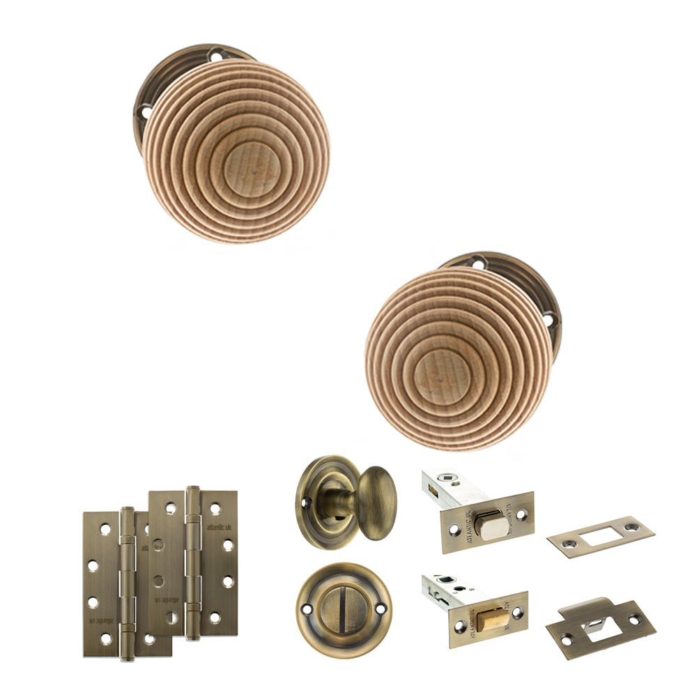 Quality image of Old English Bridlington Door Knob Pack (Bathroom Set - 4" Deadbolt, 4" Slim Knuckle Hinges x2) - Antique Brass | Sku. adpoe57rmkab65 | available from Trade Door Handles.