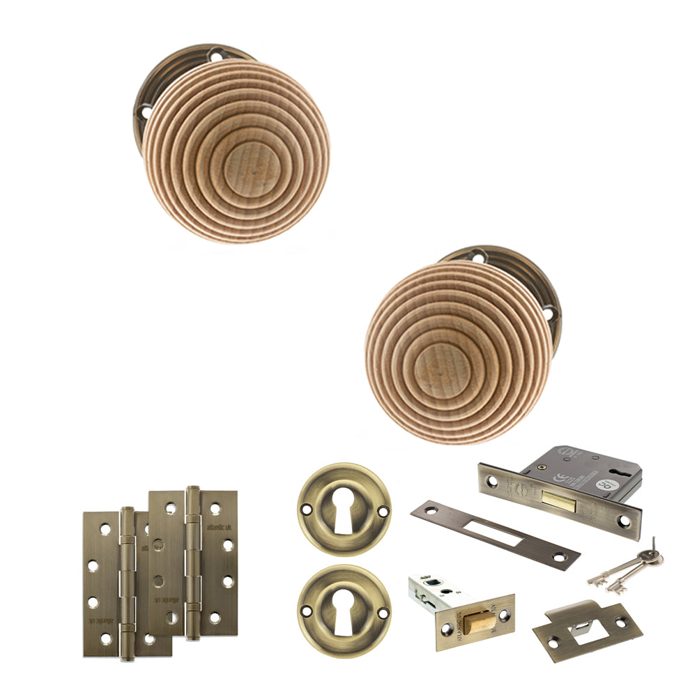 Quality image of Old English Bridlington Door Knob Pack (Lock Set - 3" Latch & Deadlock, 4" Slim Knuckle Hinges x2) - Antique Brass | Sku. adpoe57rmkab68 | available from Trade Door Handles.