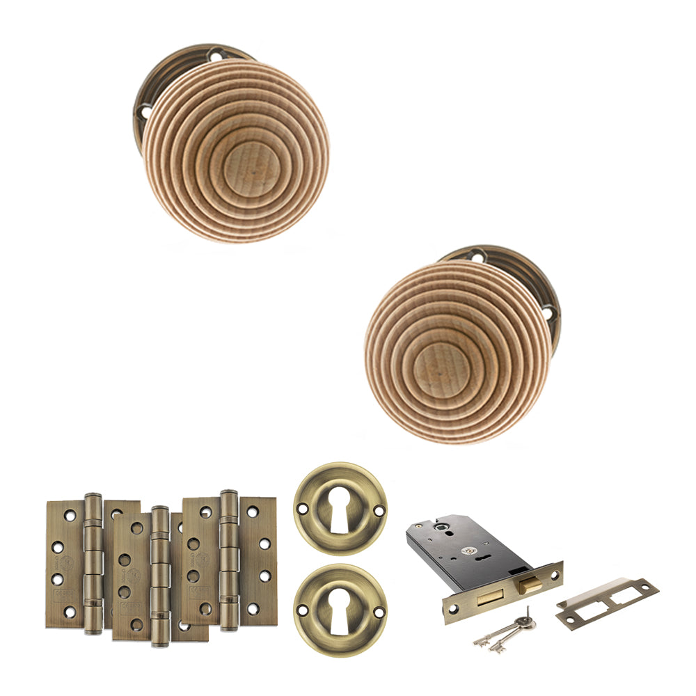 Quality image of Old English Bridlington Door Knob Pack (Lock Set - Horizontal Sashlock, 4" Fire Rated Hinges x3) - Antique Brass | Sku. adpoe57rmkab71 | available from Trade Door Handles.