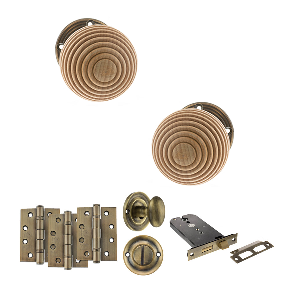 Quality image of Old English Bridlington Door Knob Pack (Lock Set - Horizontal Bathlock, 4" Fire Rated Hinges x3) - Antique Brass | Sku. adpoe57rmkab72 | available from Trade Door Handles.