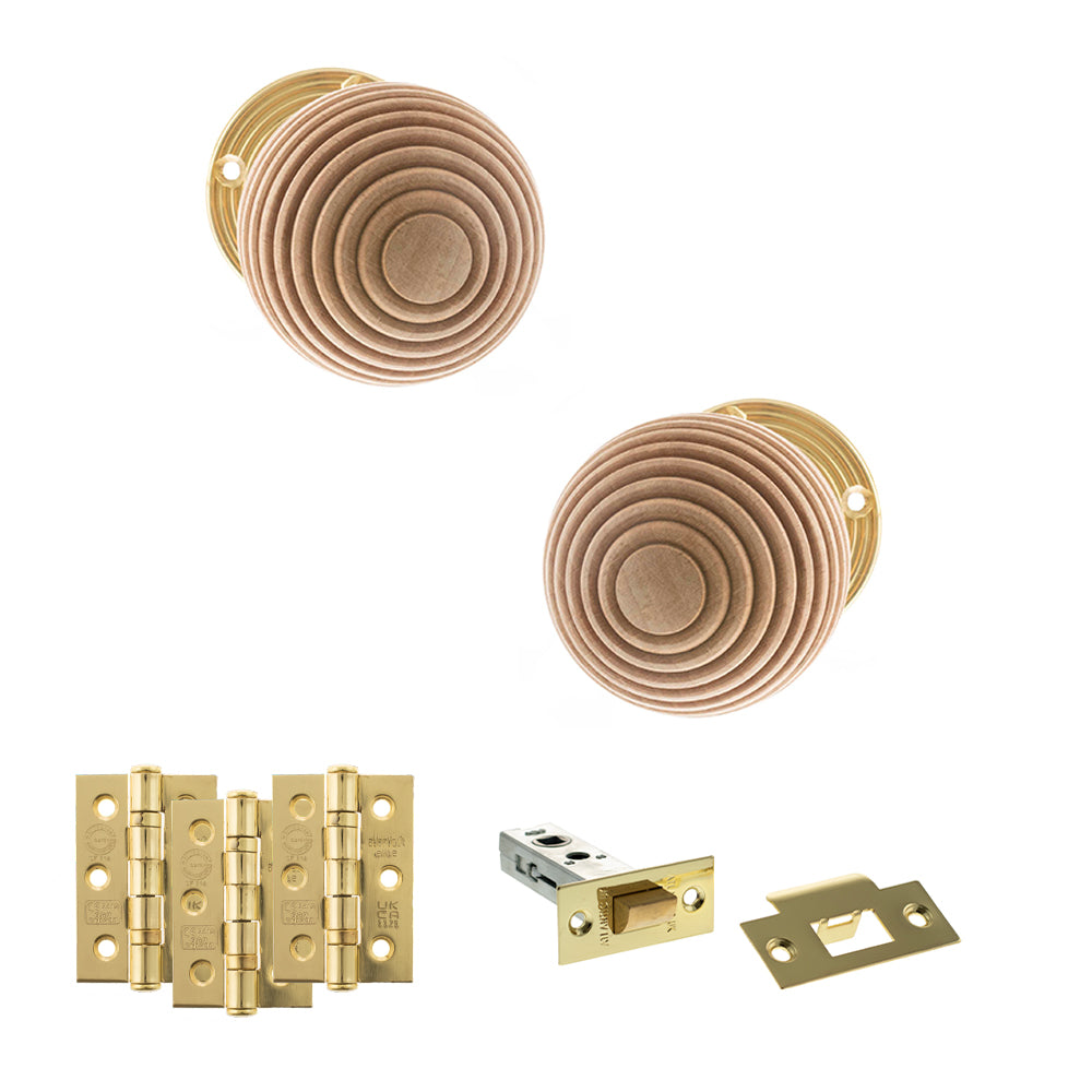 Quality image of Old English Bridlington Door Knob Pack (Latch Set - 4" HD Latch, 3" Fire Rated Hinges x3) - Polished Brass | Sku. adpoe57rmkpb55 | available from Trade Door Handles.