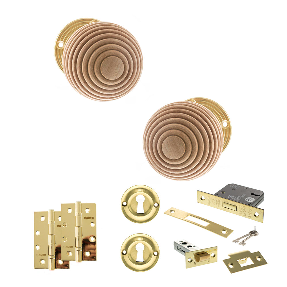Quality image of Old English Bridlington Door Knob Pack (Lock Set - 3" Latch & Deadlock, 4" Slim Knuckle Hinges x2) - Polished Brass | Sku. adpoe57rmkpb68 | available from Trade Door Handles.