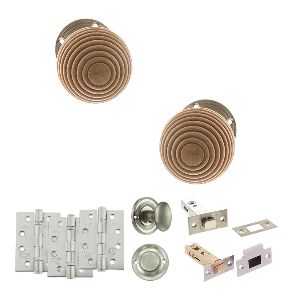 Quality image of Old English Bridlington Door Knob Pack (Bathroom Set - 4" Deadbolt, 4" Fire Rated Hinges x3) - Satin Nickel | Sku. adpoe57rmksn63 | available from Trade Door Handles.