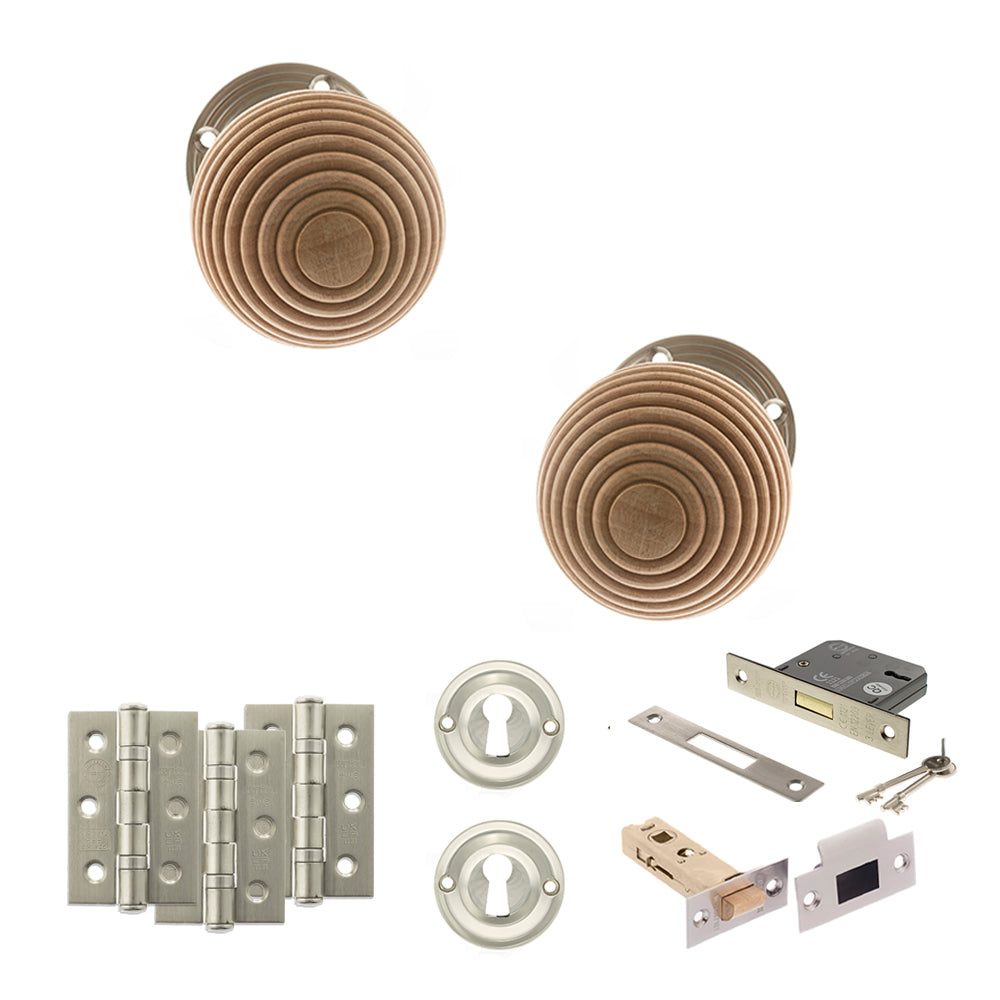 Quality image of Old English Bridlington Door Knob Pack (Lock Set - 3" Latch & Deadlock, 3" Fire Rated Hinges x3) - Satin Nickel | Sku. adpoe57rmksn66 | available from Trade Door Handles.