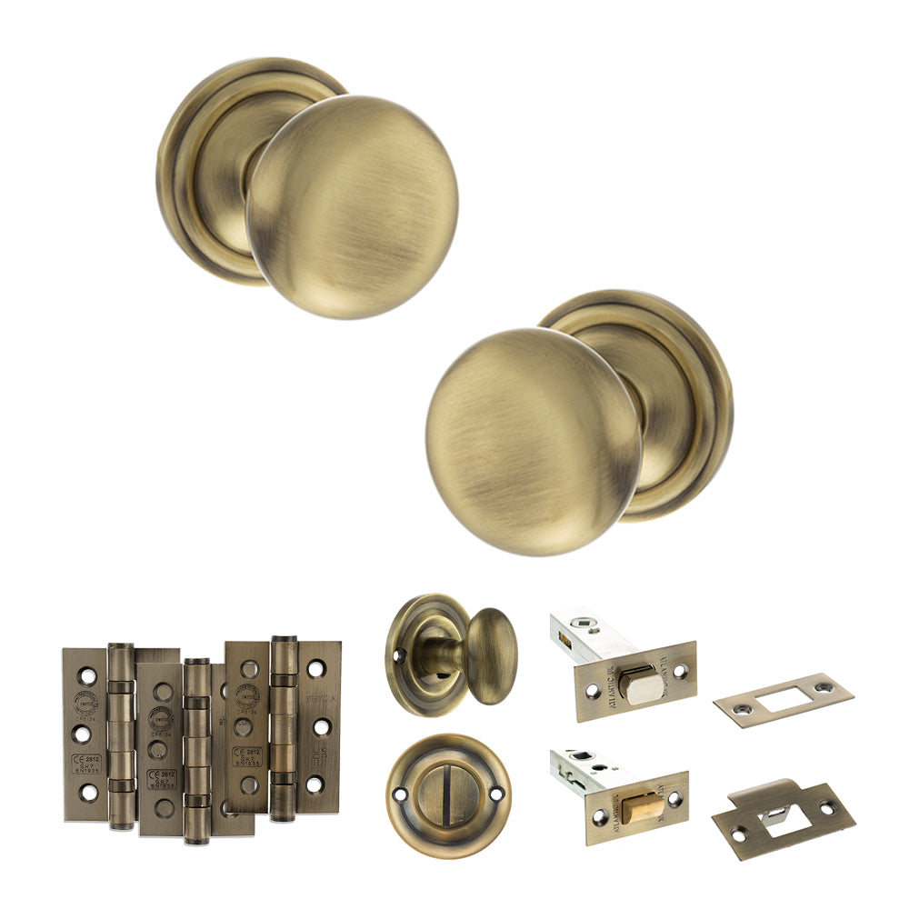 Quality image of Old English Harrogate Door Knob Pack (Bathroom Set - 3" Deadbolt, 3" Fire Rated Hinges x3) - Antique Brass | Sku. adpoe58mmkab60 | available from Trade Door Handles.