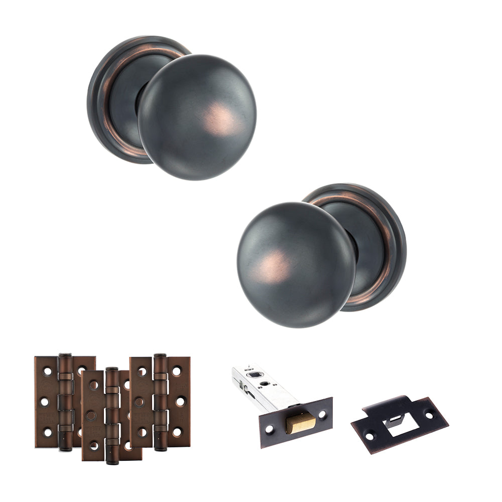 Quality image of Old English Harrogate Door Knob Pack (Latch Set - 3" HD Latch, 3" Fire Rated Hinges x3) - Antique Copper | Sku. adpoe58mmkac54 | available from Trade Door Handles.
