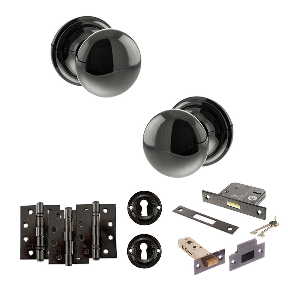 Quality image of Old English Harrogate Door Knob Pack (Lock Set - 3" Latch & Deadlock, 4" Fire Rated Hinges x3) - Black Nickel | Sku. adpoe58mmkbn67 | available from Trade Door Handles.
