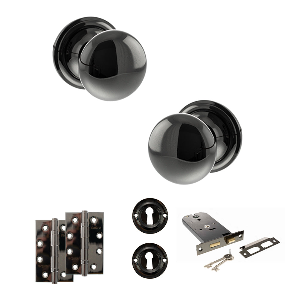 Quality image of Old English Harrogate Door Knob Pack (Lock Set - Horizontal Sashlock, 4" Slim Knuckle Hinges x2) - Black Nickel | Sku. adpoe58mmkbn73 | available from Trade Door Handles.