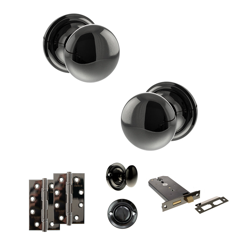 Quality image of Old English Harrogate Door Knob Pack (Lock Set - Horizontal Bathlock, 4" Slim Knuckle Hinges x2) - Black Nickel | Sku. adpoe58mmkbn74 | available from Trade Door Handles.