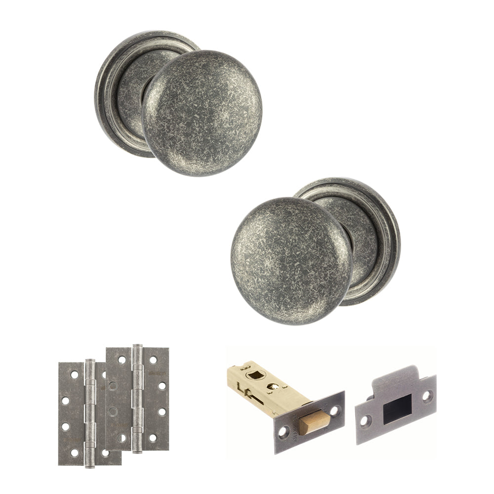 Quality image of Old English Harrogate Door Knob Pack (Latch Set - 4" HD Latch, 4" Slim Knuckle Hinges x2) - Distressed Silver | Sku. adpoe58mmkds59 | available from Trade Door Handles.
