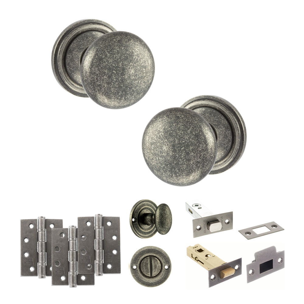 Quality image of Old English Harrogate Door Knob Pack (Bathroom Set - 3" Deadbolt, 4" Fire Rated Hinges x3) - Distressed Silver | Sku. adpoe58mmkds62 | available from Trade Door Handles.