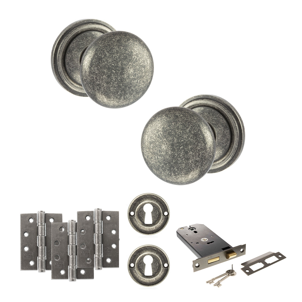 Quality image of Old English Harrogate Door Knob Pack (Lock Set - Horizontal Sashlock, 3" Fire Rated Hinges x3) - Distressed Silver | Sku. adpoe58mmkds69 | available from Trade Door Handles.