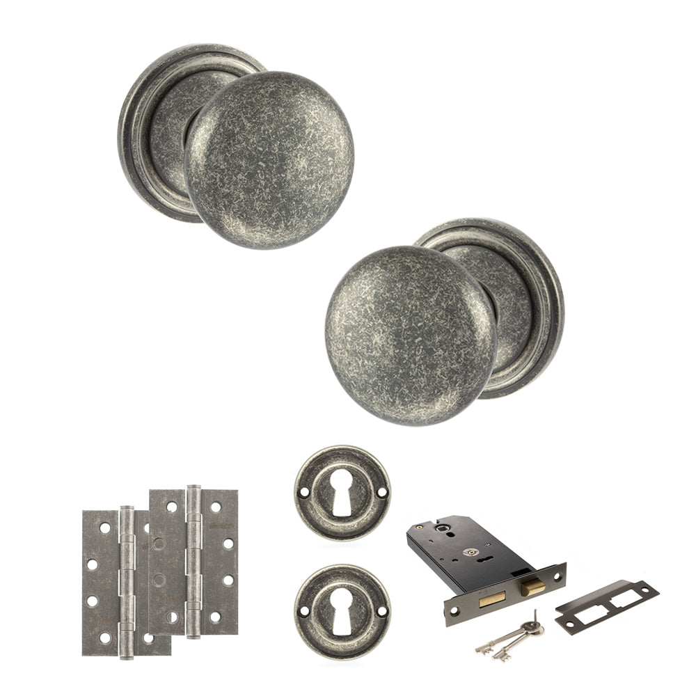Quality image of Old English Harrogate Door Knob Pack (Lock Set - Horizontal Sashlock, 4" Slim Knuckle Hinges x2) - Distressed Silver | Sku. adpoe58mmkds73 | available from Trade Door Handles.