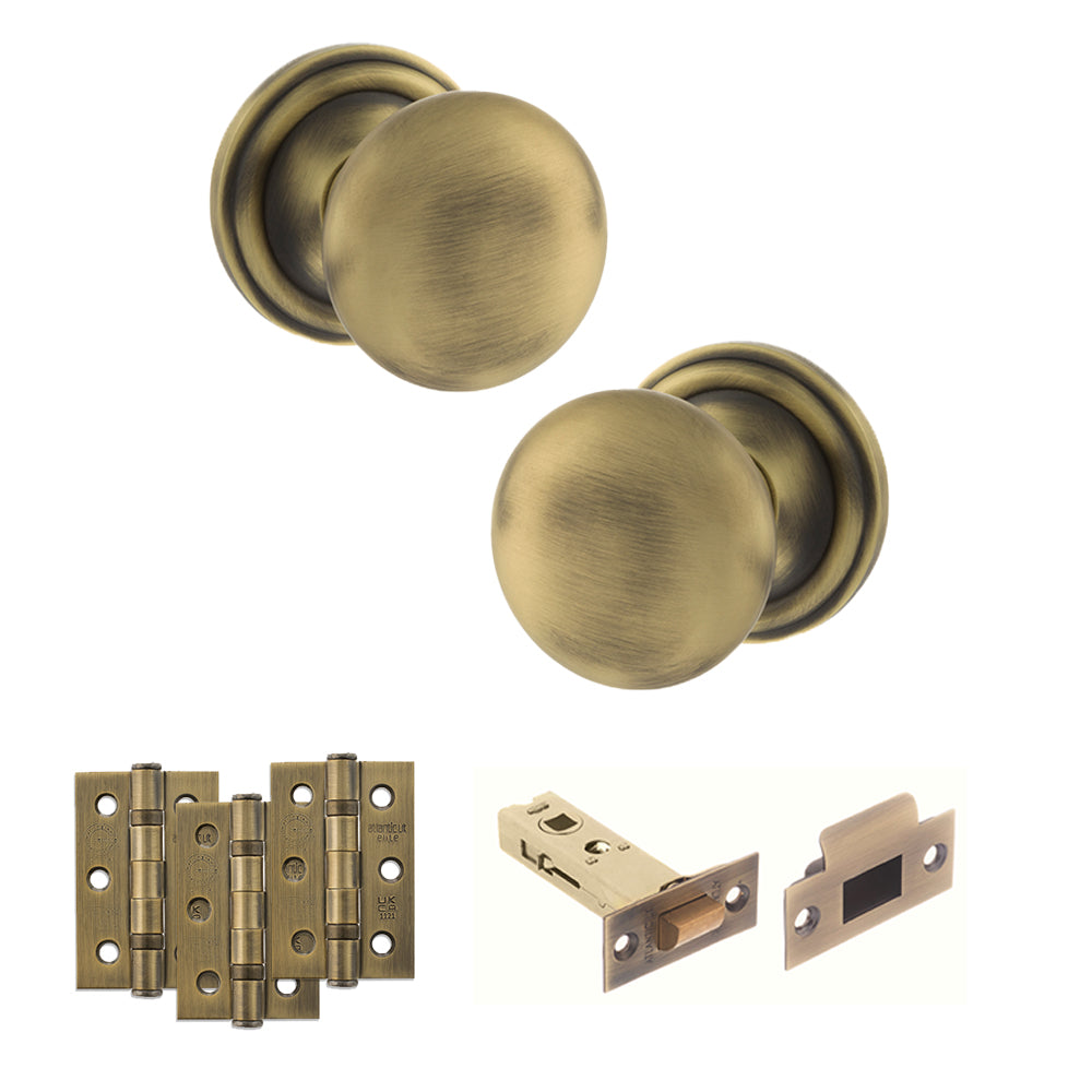 Quality image of Old English Harrogate Door Knob Pack (Latch Set - 4" HD Latch, 3" Fire Rated Hinges x3) - Matt Antique Brass | Sku. adpoe58mmkmab55 | available from Trade Door Handles.