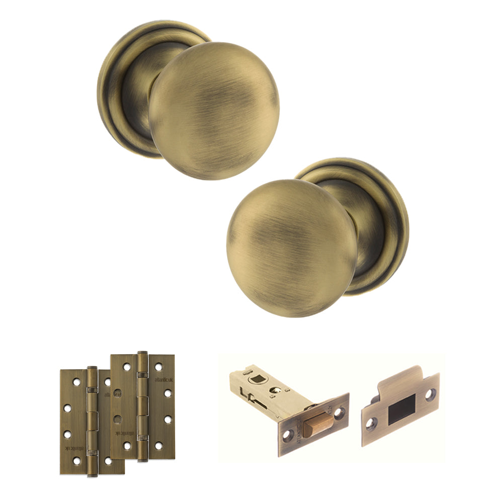Quality image of Old English Harrogate Door Knob Pack (Latch Set - 4" HD Latch, 4" Slim Knuckle Hinges x2) - Matt Antique Brass | Sku. adpoe58mmkmab59 | available from Trade Door Handles.