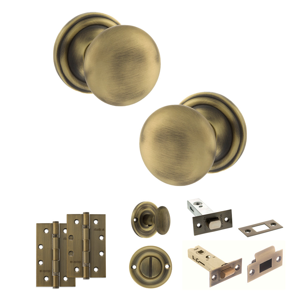 Quality image of Old English Harrogate Door Knob Pack (Bathroom Set - 3" Deadbolt, 4" Slim Knuckle Hinges x2) - Matt Antique Brass | Sku. adpoe58mmkmab64 | available from Trade Door Handles.