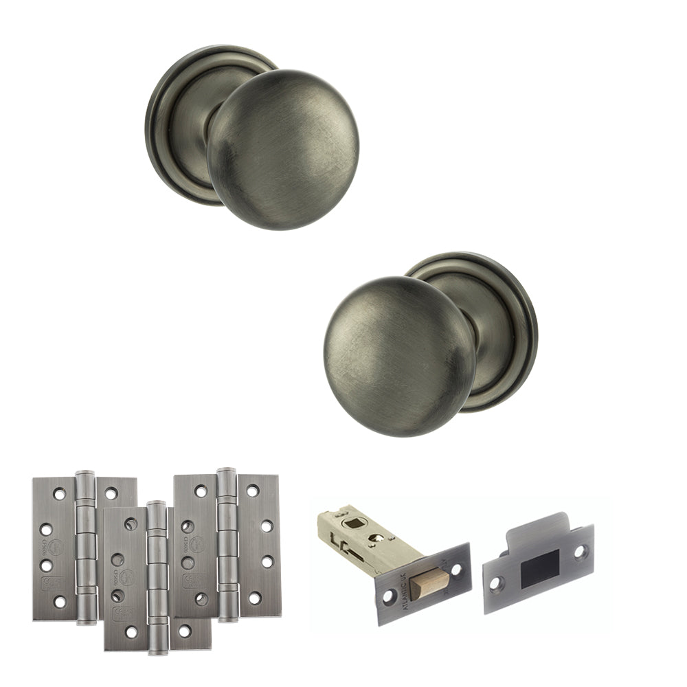 Quality image of Old English Harrogate Door Knob Pack (Latch Set - 4" HD Latch, 4" Fire Rated Hinges x3) - Matt Gun Metal | Sku. adpoe58mmkmbn57 | available from Trade Door Handles.