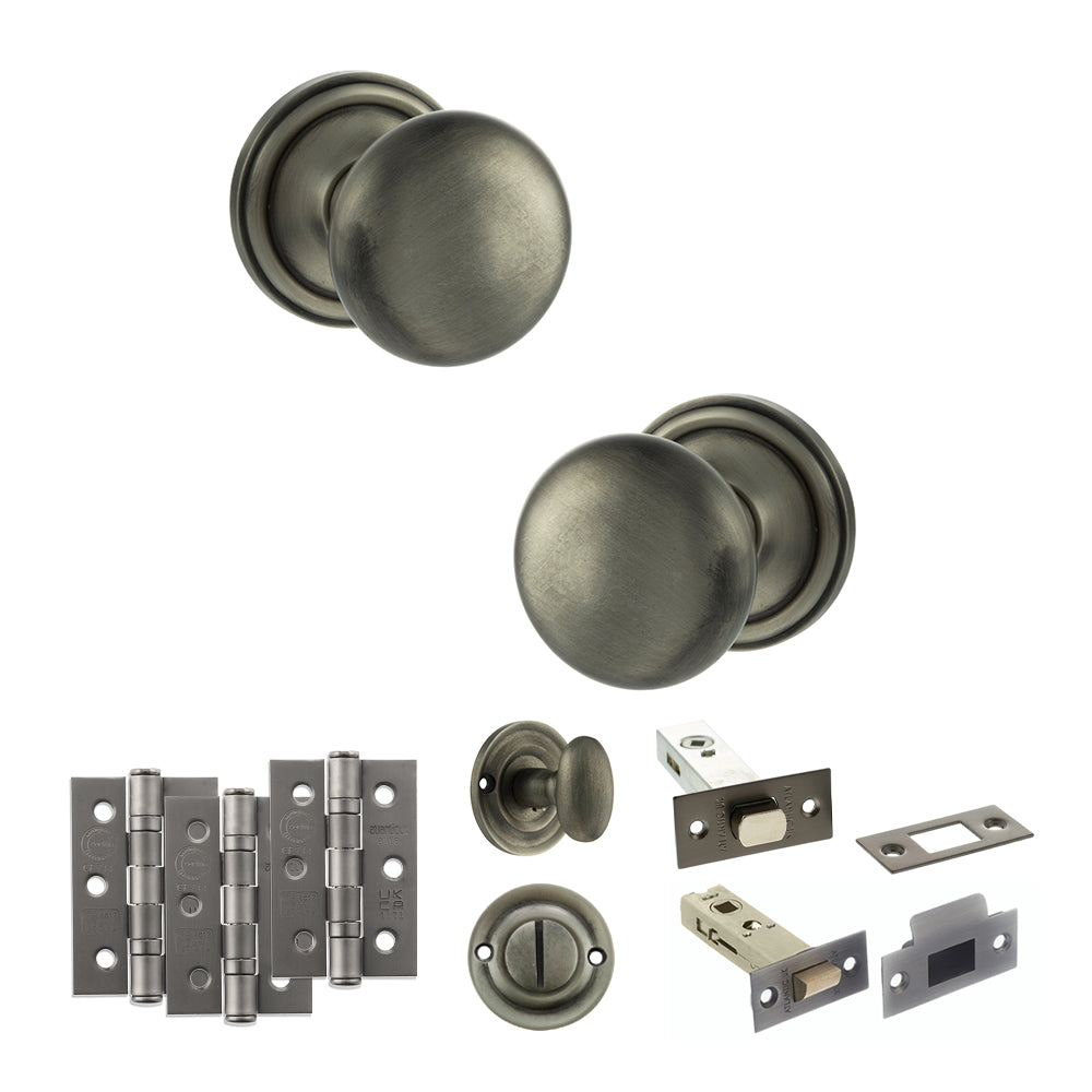 Quality image of Old English Harrogate Door Knob Pack (Bathroom Set - 3" Deadbolt, 3" Fire Rated Hinges x3) - Matt Gun Metal | Sku. adpoe58mmkmbn60 | available from Trade Door Handles.