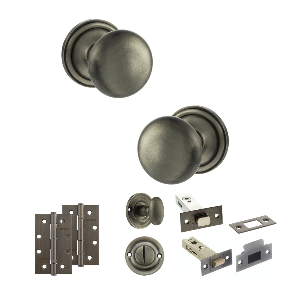 Quality image of Old English Harrogate Door Knob Pack (Bathroom Set - 4" Deadbolt, 4" Slim Knuckle Hinges x2) - Matt Gun Metal | Sku. adpoe58mmkmbn65 | available from Trade Door Handles.