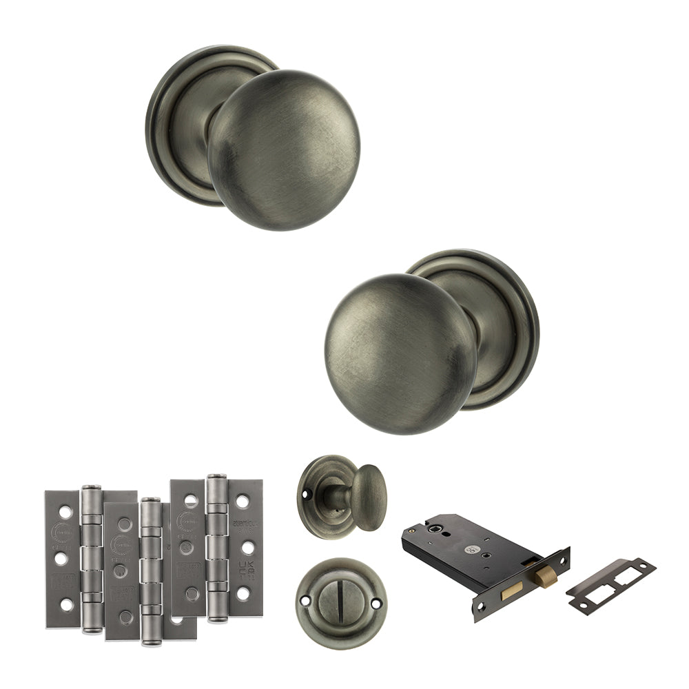 Quality image of Old English Harrogate Door Knob Pack (Lock Set - Horizontal Bathlock, 3" Fire Rated Hinges x3) - Matt Gun Metal | Sku. adpoe58mmkmbn70 | available from Trade Door Handles.