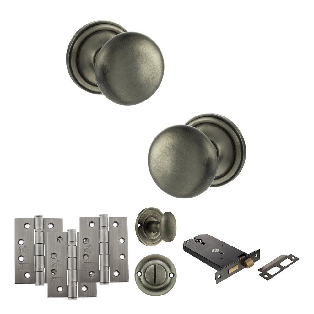 Quality image of Old English Harrogate Door Knob Pack (Lock Set - Horizontal Bathlock, 4" Fire Rated Hinges x3) - Matt Gun Metal | Sku. adpoe58mmkmbn72 | available from Trade Door Handles.
