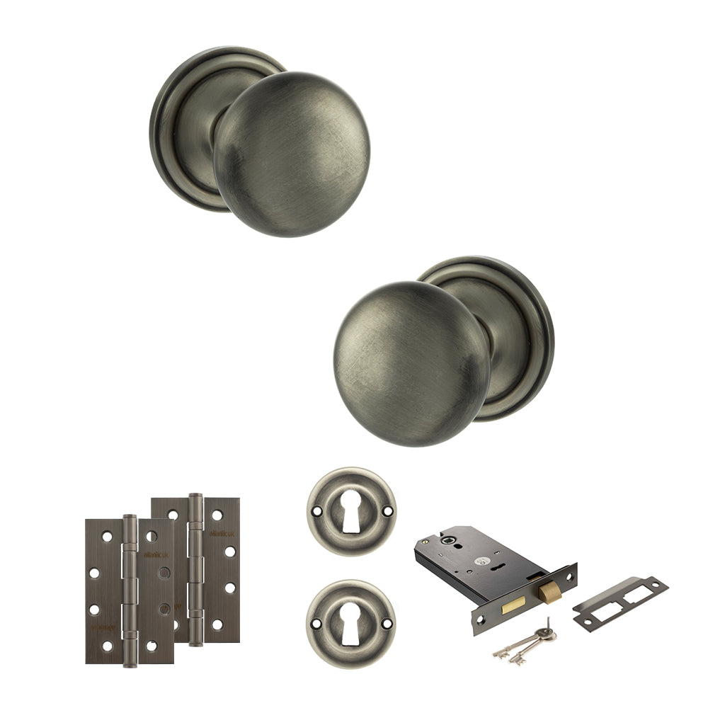 Quality image of Old English Harrogate Door Knob Pack (Lock Set - Horizontal Sashlock, 4" Slim Knuckle Hinges x2) - Matt Gun Metal | Sku. adpoe58mmkmbn73 | available from Trade Door Handles.