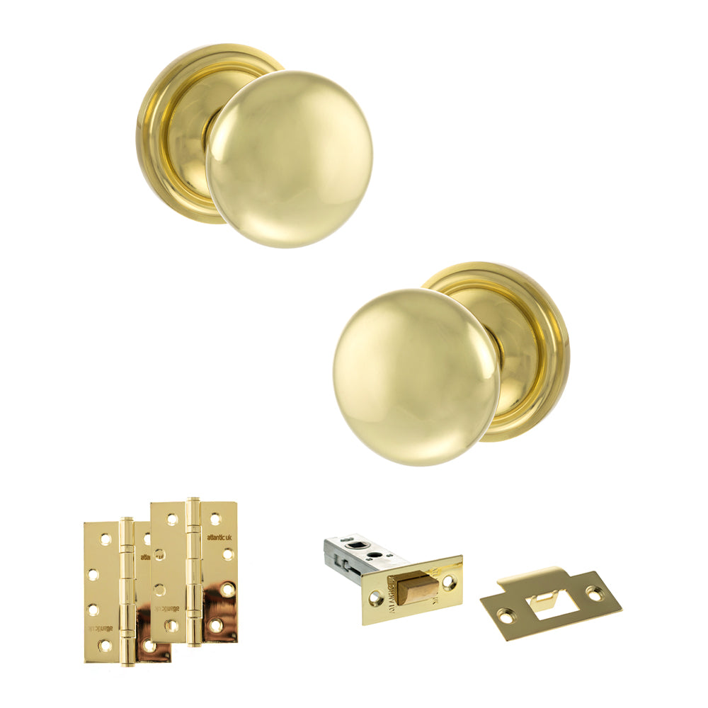 Quality image of Old English Harrogate Door Knob Pack (Latch Set - 3" HD Latch, 4" Slim Knuckle Hinges x2) - Polished Brass | Sku. adpoe58mmkpb58 | available from Trade Door Handles.