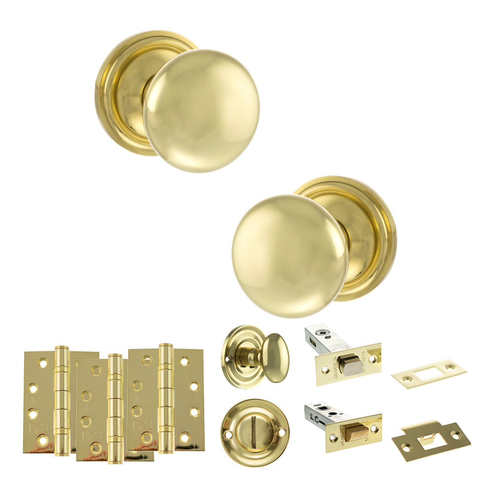 Quality image of Old English Harrogate Door Knob Pack (Bathroom Set - 4" Deadbolt, 4" Fire Rated Hinges x3) - Polished Brass | Sku. adpoe58mmkpb63 | available from Trade Door Handles.