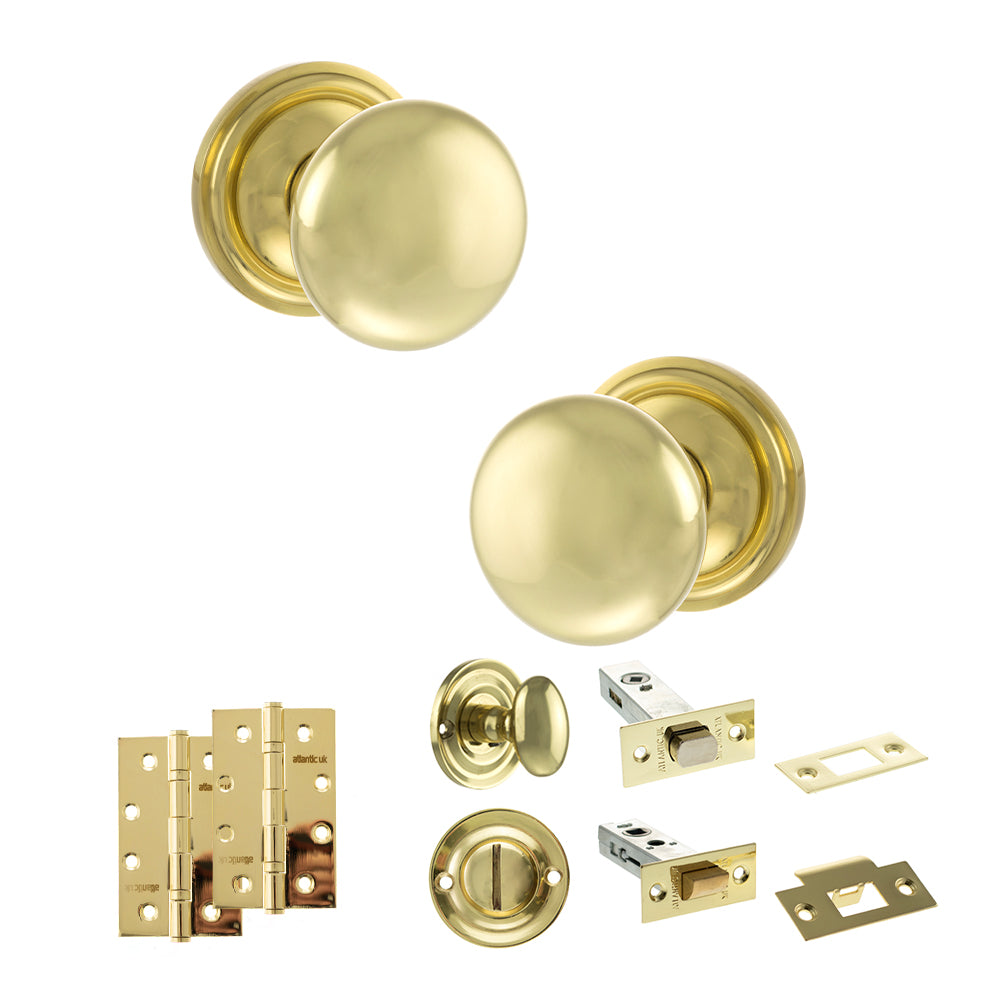 Quality image of Old English Harrogate Door Knob Pack (Bathroom Set - 4" Deadbolt, 4" Slim Knuckle Hinges x2) - Polished Brass | Sku. adpoe58mmkpb65 | available from Trade Door Handles.