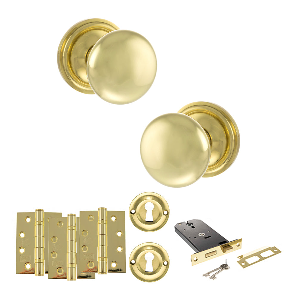 Quality image of Old English Harrogate Door Knob Pack (Lock Set - Horizontal Sashlock, 4" Fire Rated Hinges x3) - Polished Brass | Sku. adpoe58mmkpb71 | available from Trade Door Handles.