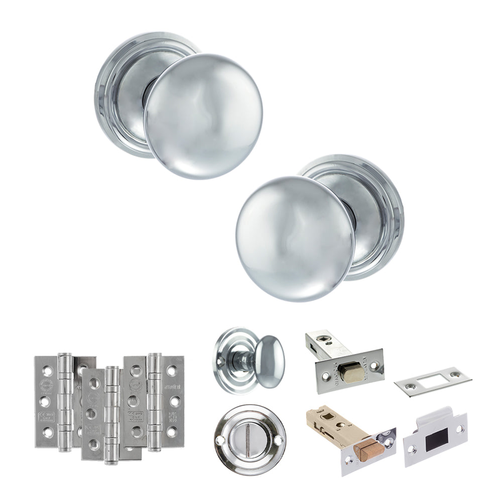 Quality image of Old English Harrogate Door Knob Pack (Bathroom Set - 4" Deadbolt, 3" Fire Rated Hinges x3) - Polished Chrome | Sku. adpoe58mmkpc61 | available from Trade Door Handles.