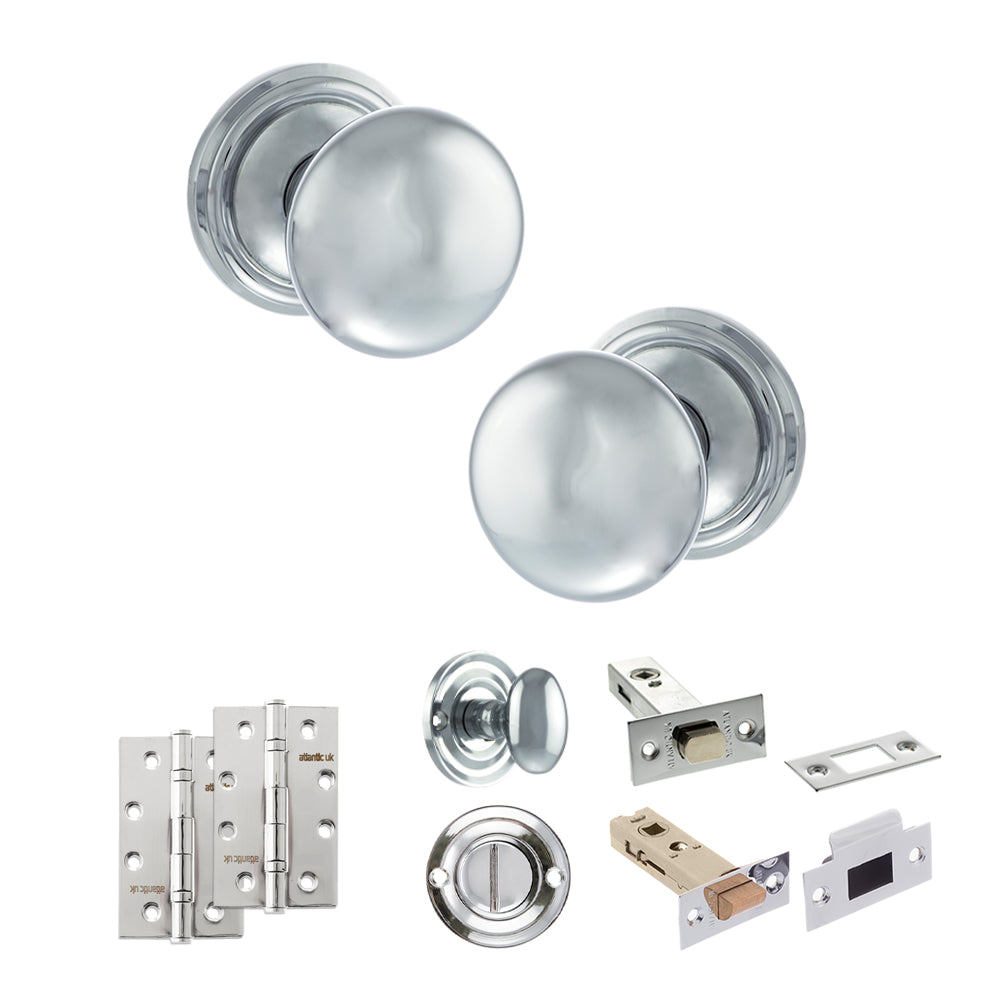 Quality image of Old English Harrogate Door Knob Pack (Bathroom Set - 4" Deadbolt, 4" Slim Knuckle Hinges x2) - Polished Chrome | Sku. adpoe58mmkpc65 | available from Trade Door Handles.