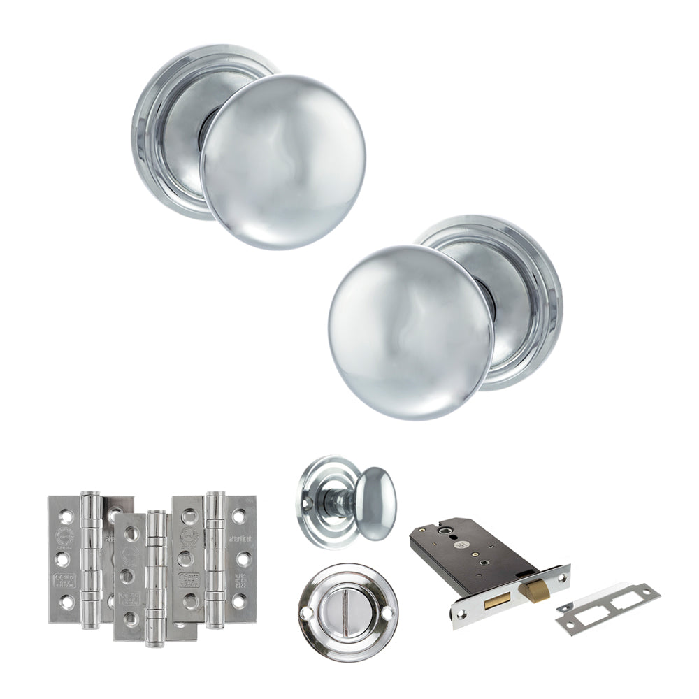 Quality image of Old English Harrogate Door Knob Pack (Lock Set - Horizontal Bathlock, 3" Fire Rated Hinges x3) - Polished Chrome | Sku. adpoe58mmkpc70 | available from Trade Door Handles.