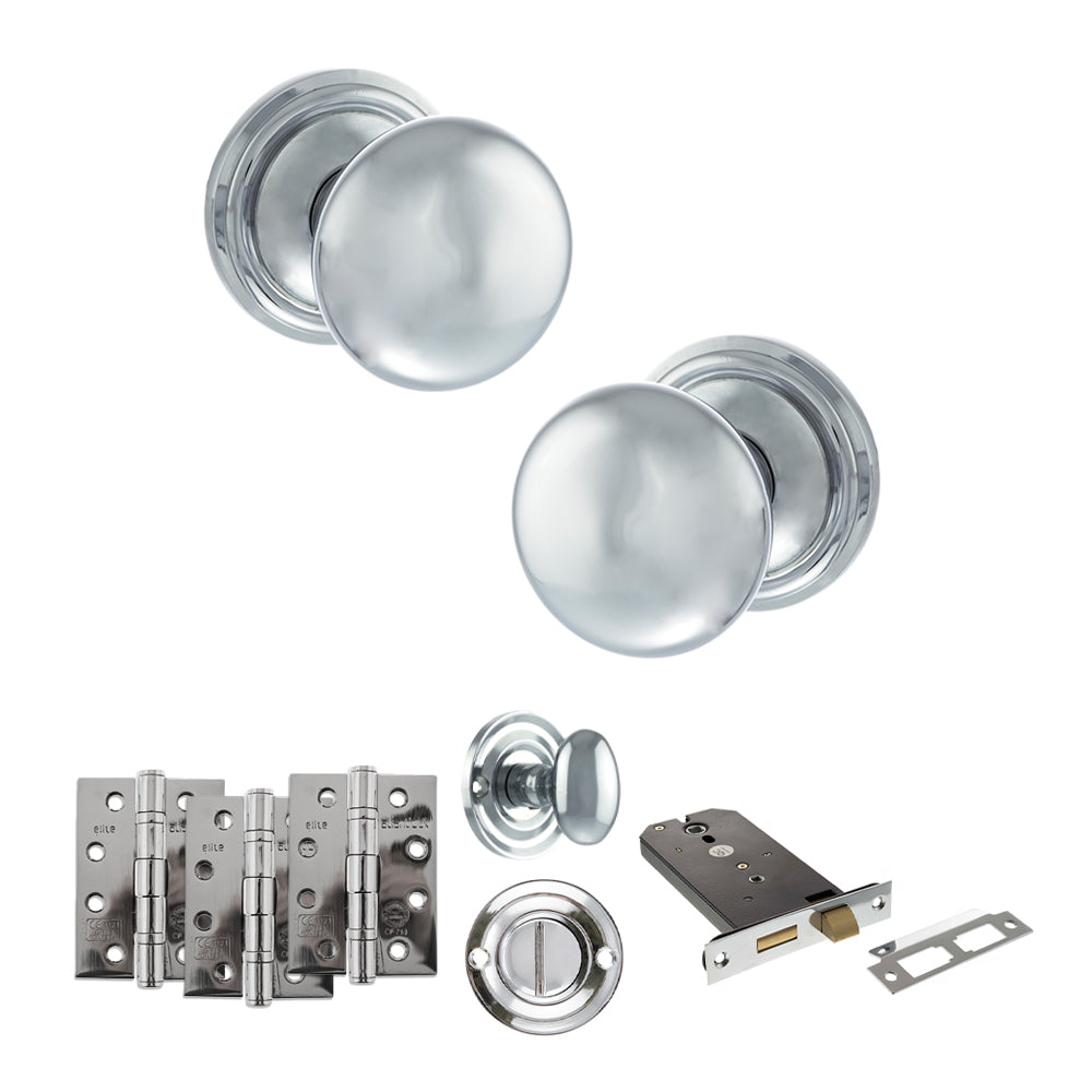 Quality image of Old English Harrogate Door Knob Pack (Lock Set - Horizontal Bathlock, 4" Fire Rated Hinges x3) - Polished Chrome | Sku. adpoe58mmkpc72 | available from Trade Door Handles.