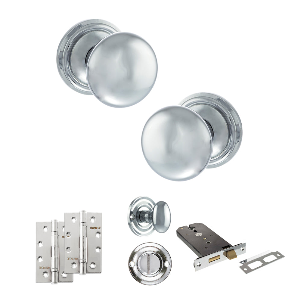 Quality image of Old English Harrogate Door Knob Pack (Lock Set - Horizontal Bathlock, 4" Slim Knuckle Hinges x2) - Polished Chrome | Sku. adpoe58mmkpc74 | available from Trade Door Handles.