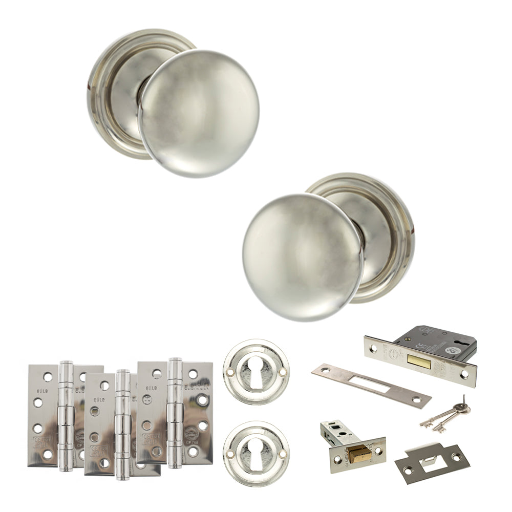 Quality image of Old English Harrogate Door Knob Pack (Lock Set - 3" Latch & Deadlock, 4" Fire Rated Hinges x3) - Polished Nickel | Sku. adpoe58mmkpn67 | available from Trade Door Handles.