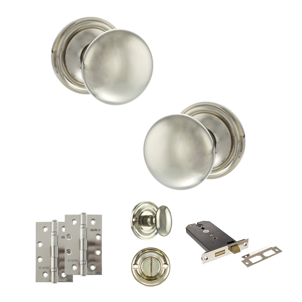 Quality image of Old English Harrogate Door Knob Pack (Lock Set - Horizontal Bathlock, 4" Slim Knuckle Hinges x2) - Polished Nickel | Sku. adpoe58mmkpn74 | available from Trade Door Handles.
