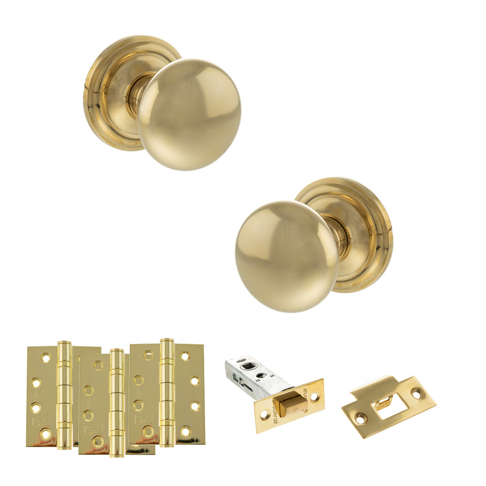 Quality image of Old English Harrogate Door Knob Pack (Latch Set - 4" HD Latch, 4" Fire Rated Hinges x3) - Raw Brass | Sku. adpoe58mmkrb57 | available from Trade Door Handles.