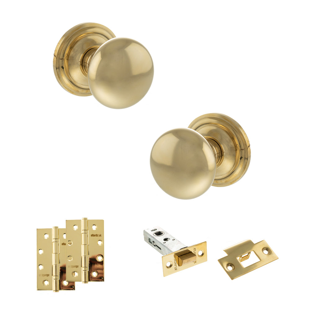 Quality image of Old English Harrogate Door Knob Pack (Latch Set - 3" HD Latch, 4" Slim Knuckle Hinges x2) - Raw Brass | Sku. adpoe58mmkrb58 | available from Trade Door Handles.