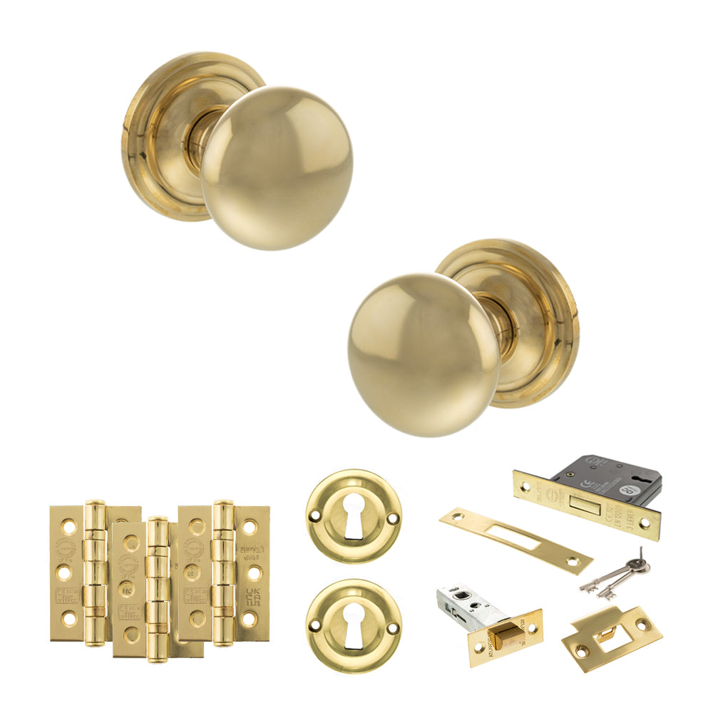 Quality image of Old English Harrogate Door Knob Pack (Lock Set - 3" Latch & Deadlock, 3" Fire Rated Hinges x3) - Raw Brass | Sku. adpoe58mmkrb66 | available from Trade Door Handles.