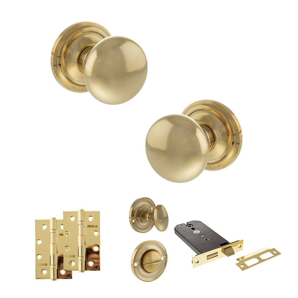 Quality image of Old English Harrogate Door Knob Pack (Lock Set - Horizontal Bathlock, 4" Slim Knuckle Hinges x2) - Raw Brass | Sku. adpoe58mmkrb74 | available from Trade Door Handles.