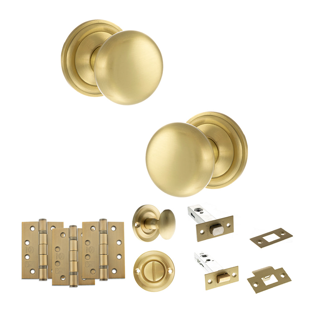 Quality image of Old English Harrogate Door Knob Pack (Bathroom Set - 4" Deadbolt, 4" Fire Rated Hinges x3) - Satin Brass | Sku. adpoe58mmksb63 | available from Trade Door Handles.